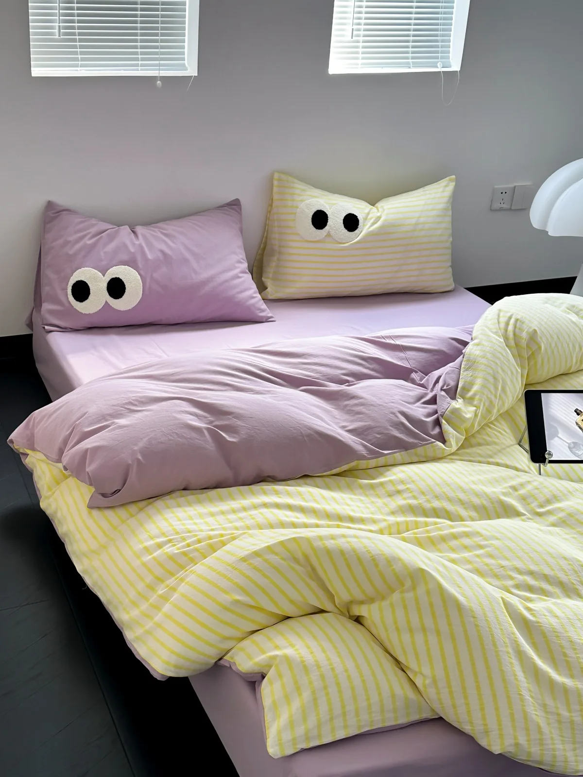 

Big eyed striped ins Feng Shui washed cotton all cotton four piece set pure cotton dopamine contrasting three piece set duvet co