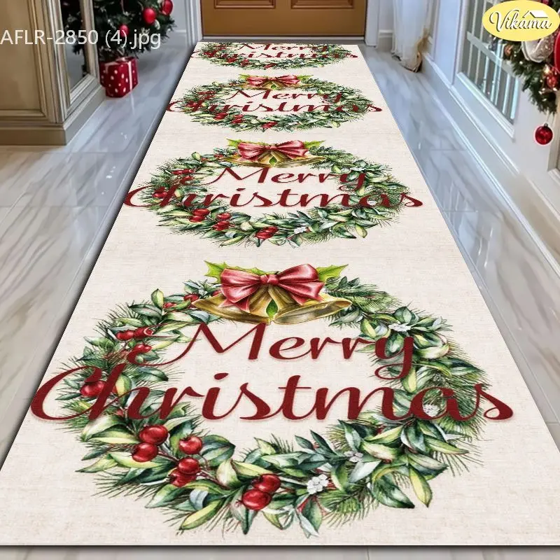 VIKAMA Beige Xmas Wreath Bell Velvet Hallway Runner Non Slip Floor Mat for Holiday Soft Cozy Aesthetic Decorative Home Decor