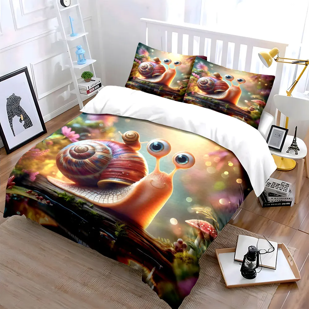 Colorful snail in magical forest Print Bedding Set 1 Duvet Cover 2 Pillowcases for Adult and Children Luxury Gift Full Size