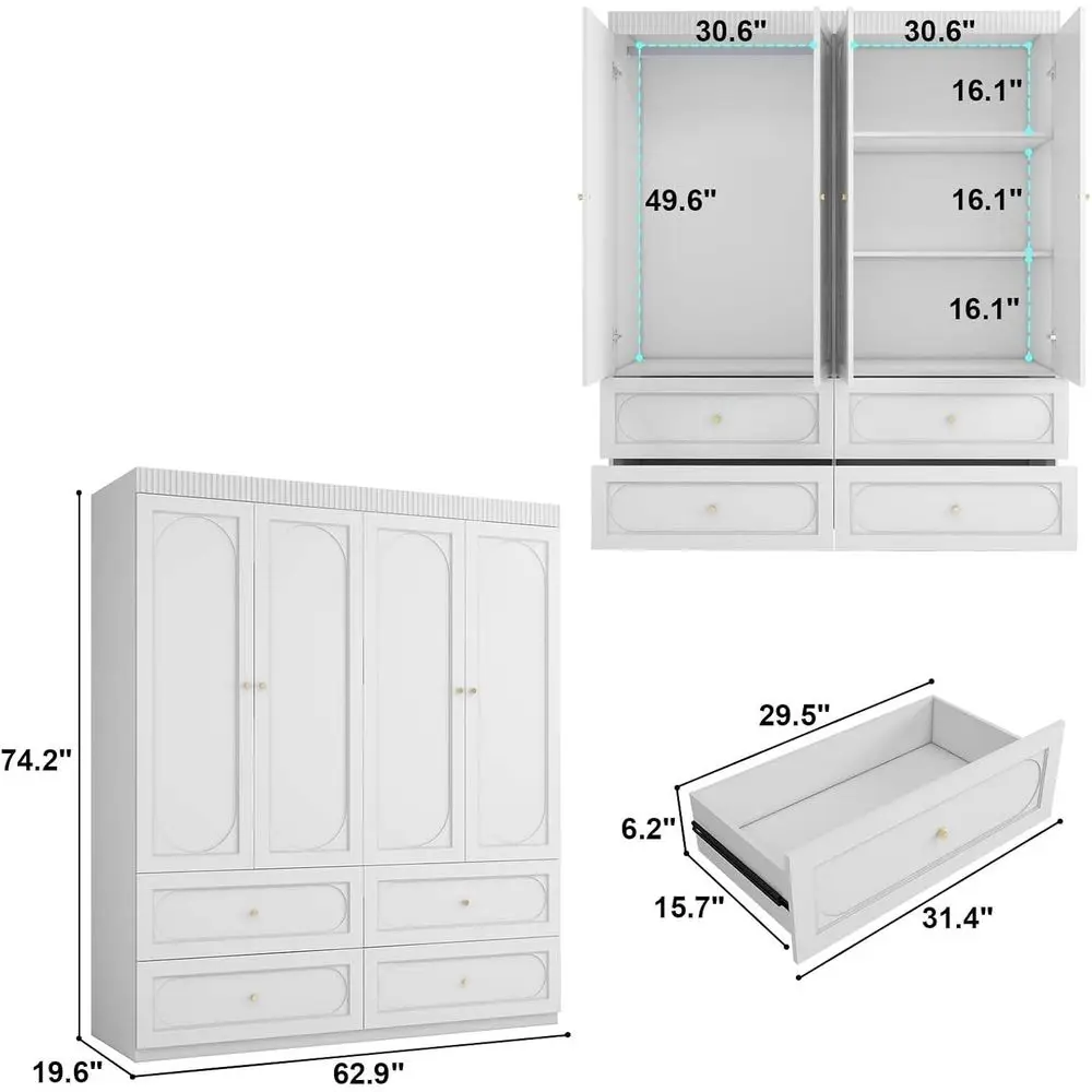 Armoire Wardrobe Closet with Ders: 74 Inch Tall 4 Door Armoire Wardrobe Closet with 4 Ders, Wood ern Wardrobes Cabinet or Bedroo