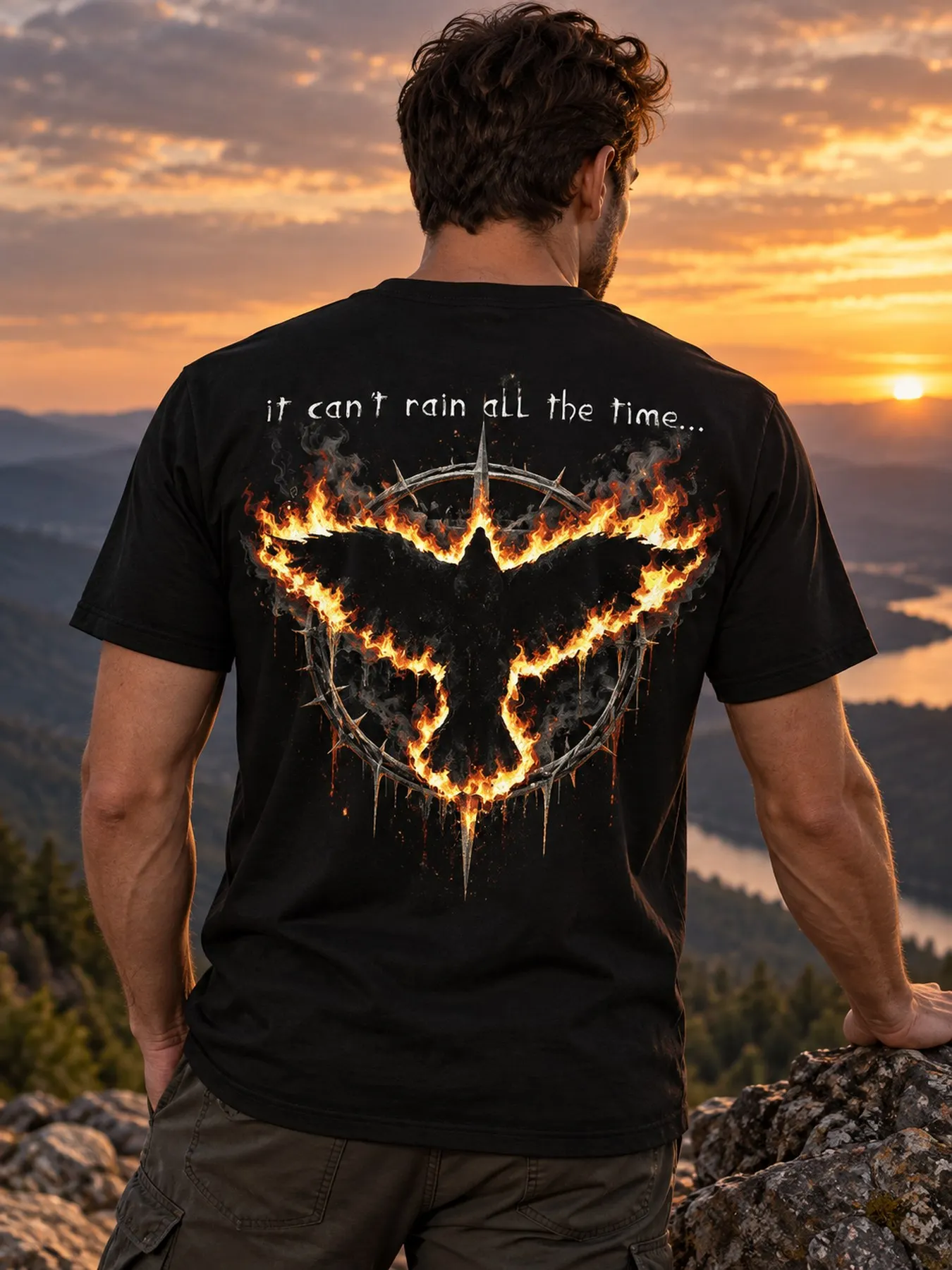 Men's Unisex Fiery Crow Text Print T-Shirt Casual Round Neck Tee Suitable for All Seasons Machine Washable