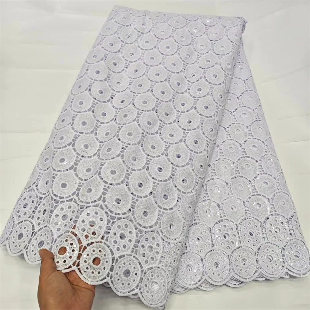 

5 Yards White Guipure Lace Fabric African Cord Lace Fabric 2024 High Quality Nigerian Water Soluble Material WIth Sequins Dress