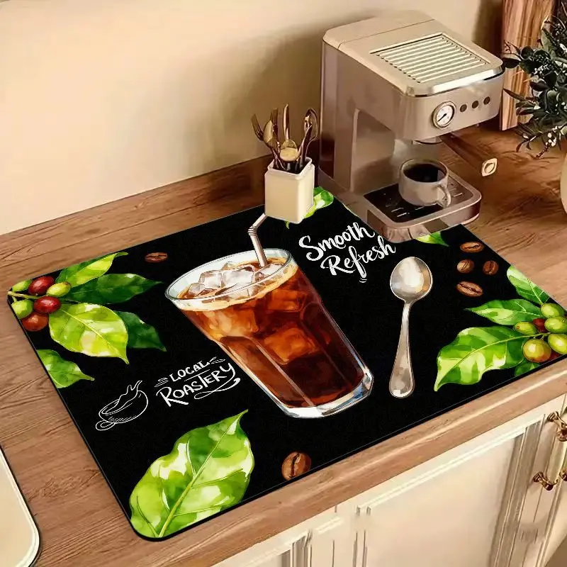 VIKAMA Iced Coffee Print Bar Mat Super Absorbent Non Slip Counter Pad for Espresso Machine Kitchen Drying Mat