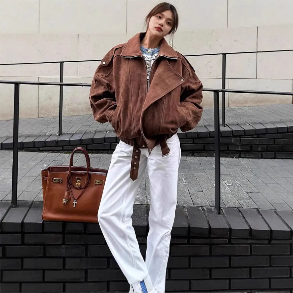 

Women's Retro Maillard Style Short Jacket Coat Brown Loose Casual Fashion Spring Autumn European American