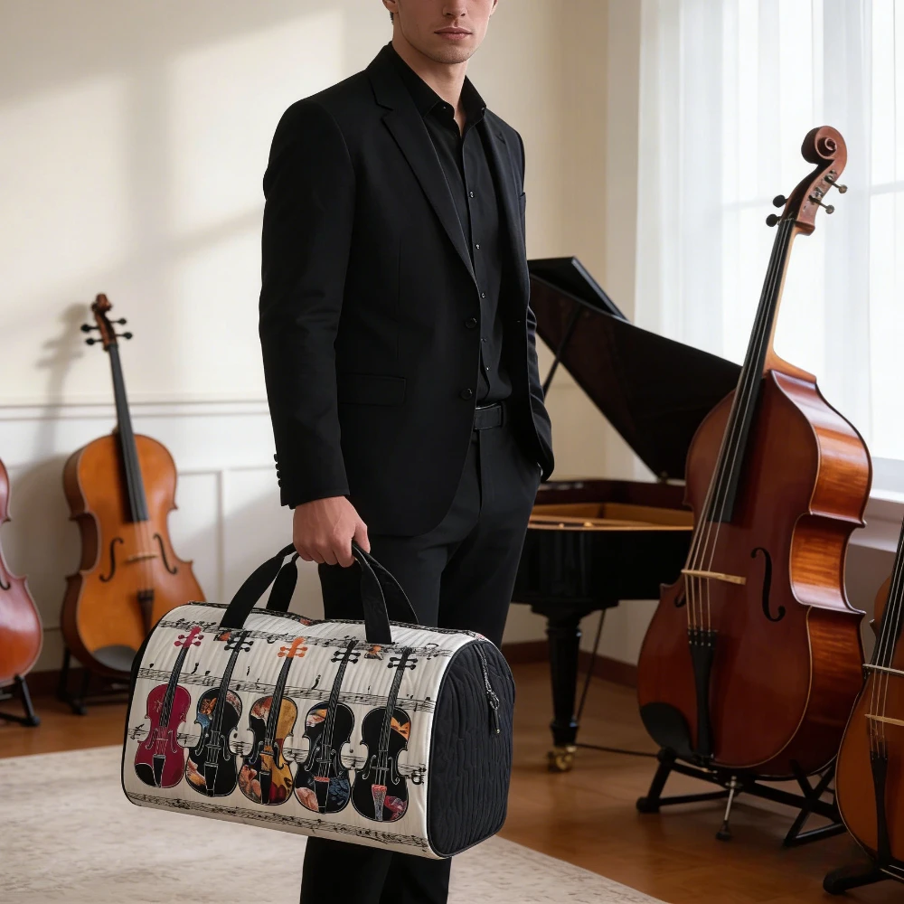 

3D Printed Quilted Violin Trendy Music Festival Duffle Bag Travel Tote Large Capacity Weekender Bag for Music Lovers Couples