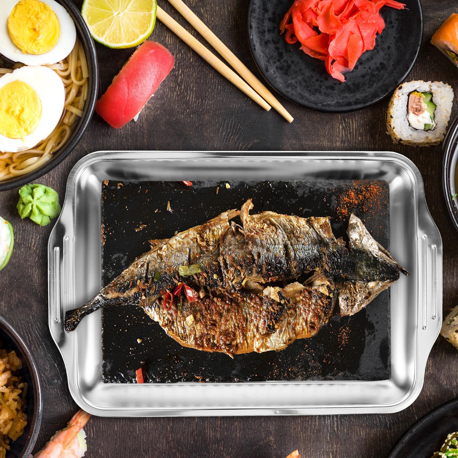 

Electromagnetic Stove Grilled Fish Pan Stainless Steel Roasting Plate Baking Tray Kitchen Food Container BBQ Plate Fruit Serving