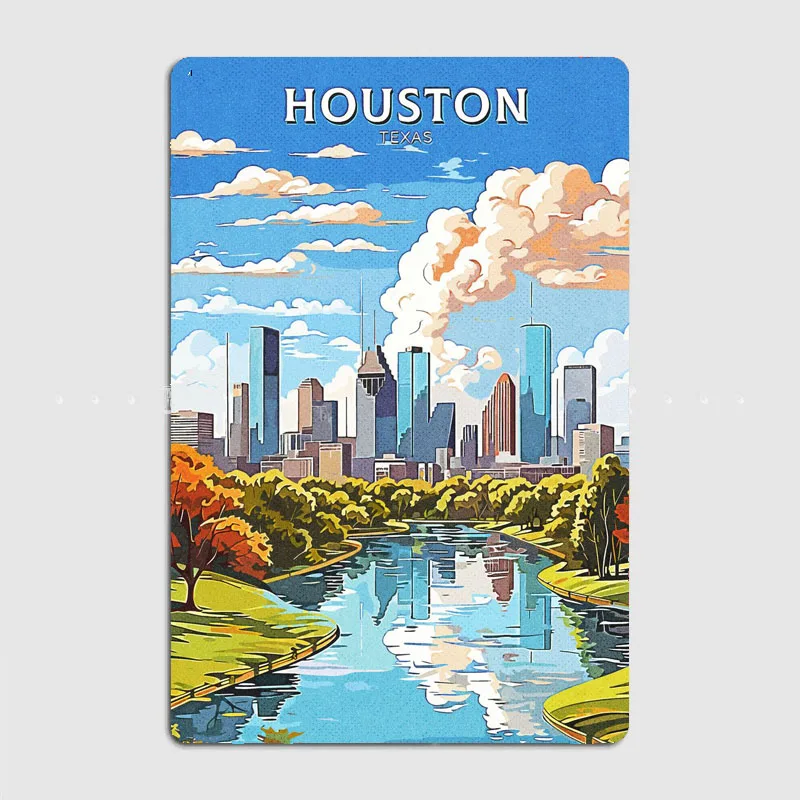 Houston Texas Travel Scenic Spot Posters Metal Sign Custom Kitchen Tin Wall Indoor Decor Drawing Room Decor Home Decor