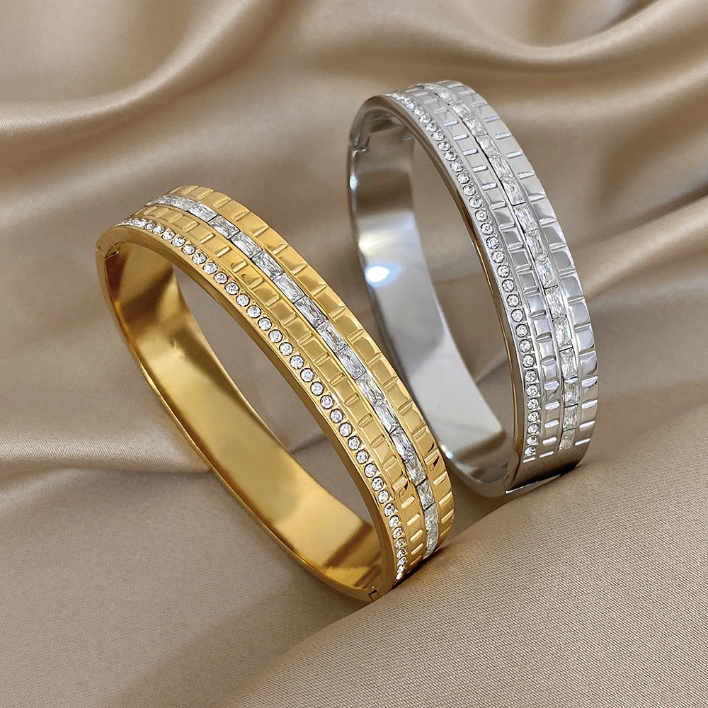 

Freetry Luxury Multi Layer Rhinestone Stainless Steel Bangle Bracelet Women Retro Gold Color Round Wide Bracelet Party Jewelry