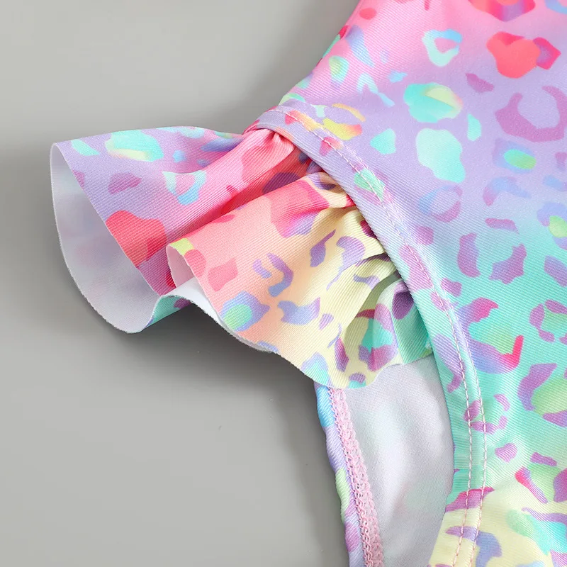 Kids Girls One Piece Swimsuit Gradient Leopard Print Long Sleeve Zipper Bathing Suit with Swim Cap UV Protection Beachwear