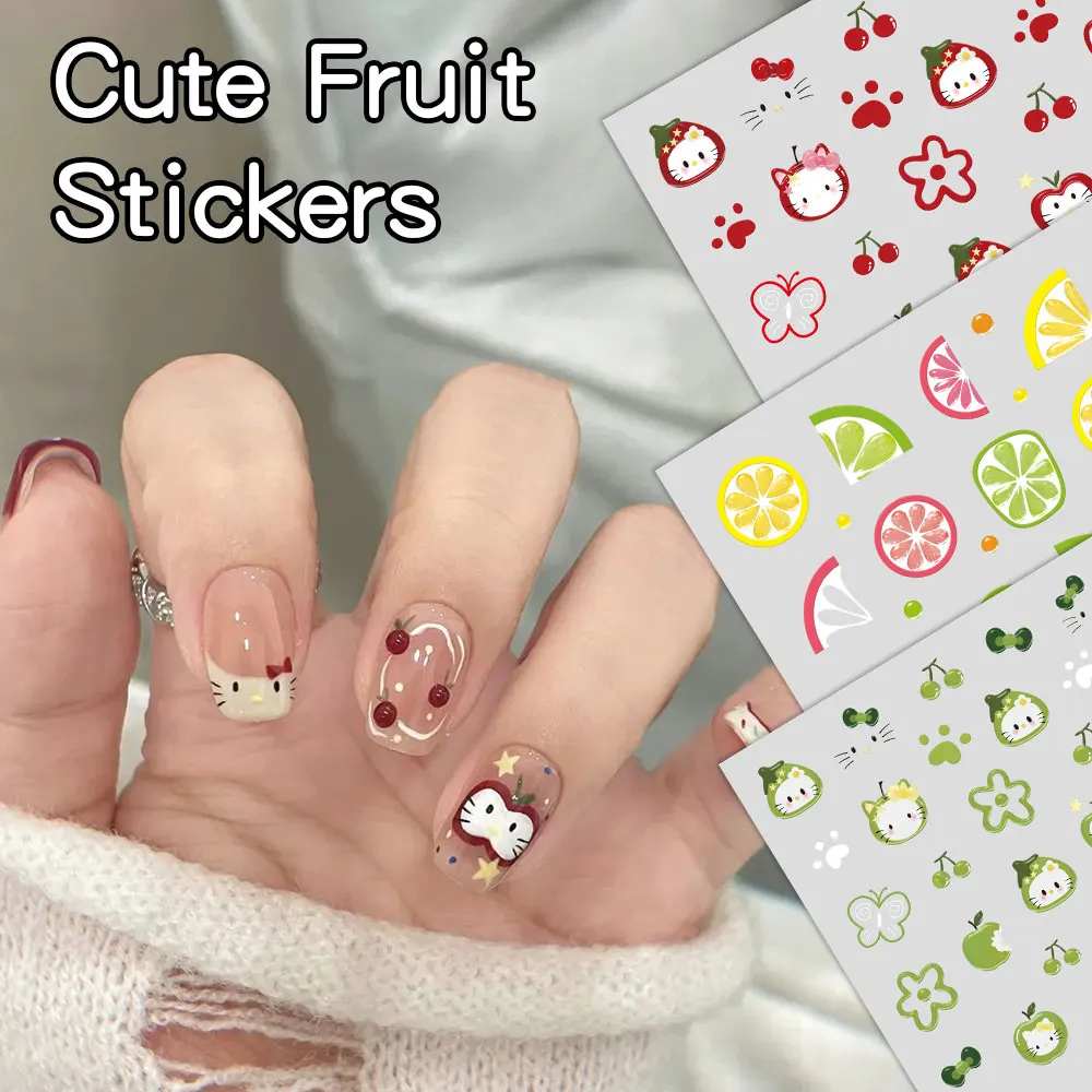 3D süße Frucht-Nagelaufkleber, Katze, Kirsche, Erdbeere, Zitrone, Design, selbstklebende Nagelaufkleber für Gel-Nagellack, Maniküre, DIY-Kunstaufkleber