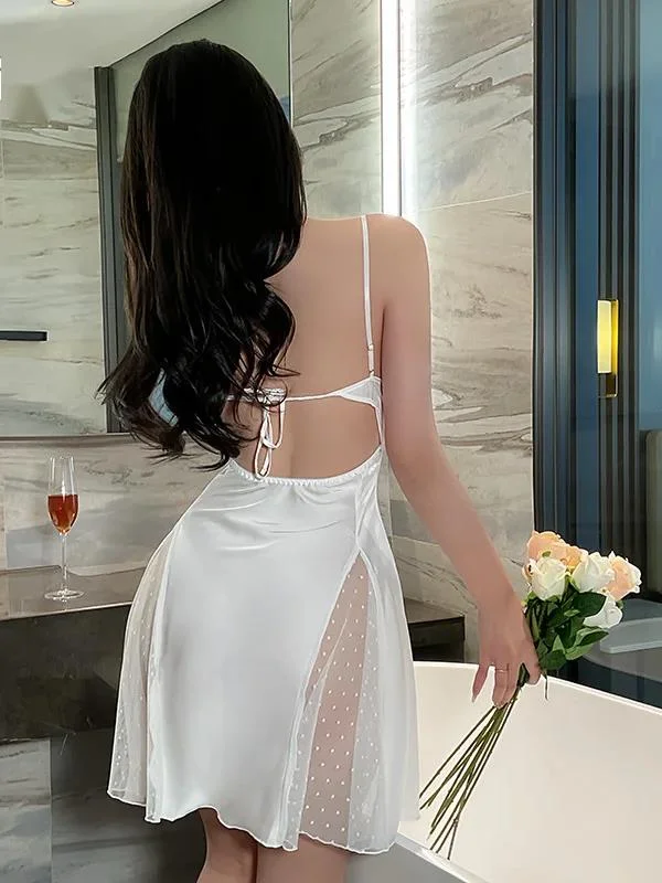 فستان نسائي غير منتظم من الحرير الجليدي ، حمالة عارية الظهر ، دانتيل مرقع ، شاش مطرز ، نقطة موجة ، ملابس مثيرة ، C331