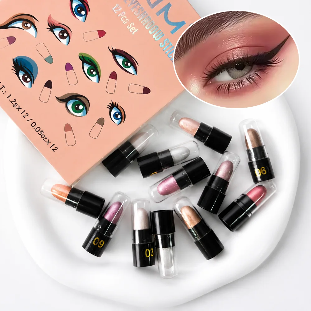 Set de 12 Colores de Sombra de Ojos en Barra con Brillo, Sombra de Ojos en Crema Resistente al Agua, Maquillaje de Ojos con Brillo para Uso Diario y Fiestas