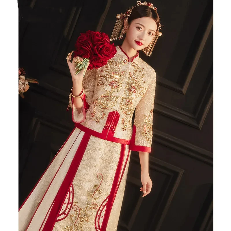 Chinese Style Dragon Phoenix Embroidery Clothing Traditional Wedding Dress Cheongsam Qipao Red Woman Gown