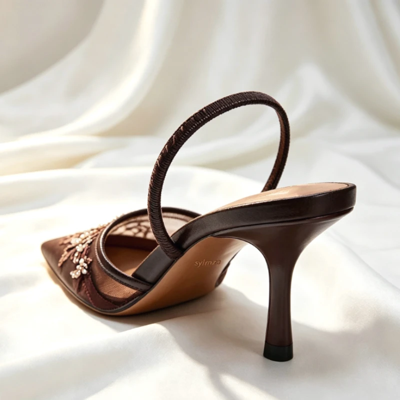 Sexy Pointed Toe Mesh Embroider High Heels for ladies Elegant String Bead pumps Summer Luxury Designer Shoe Brown Heeled Sandals