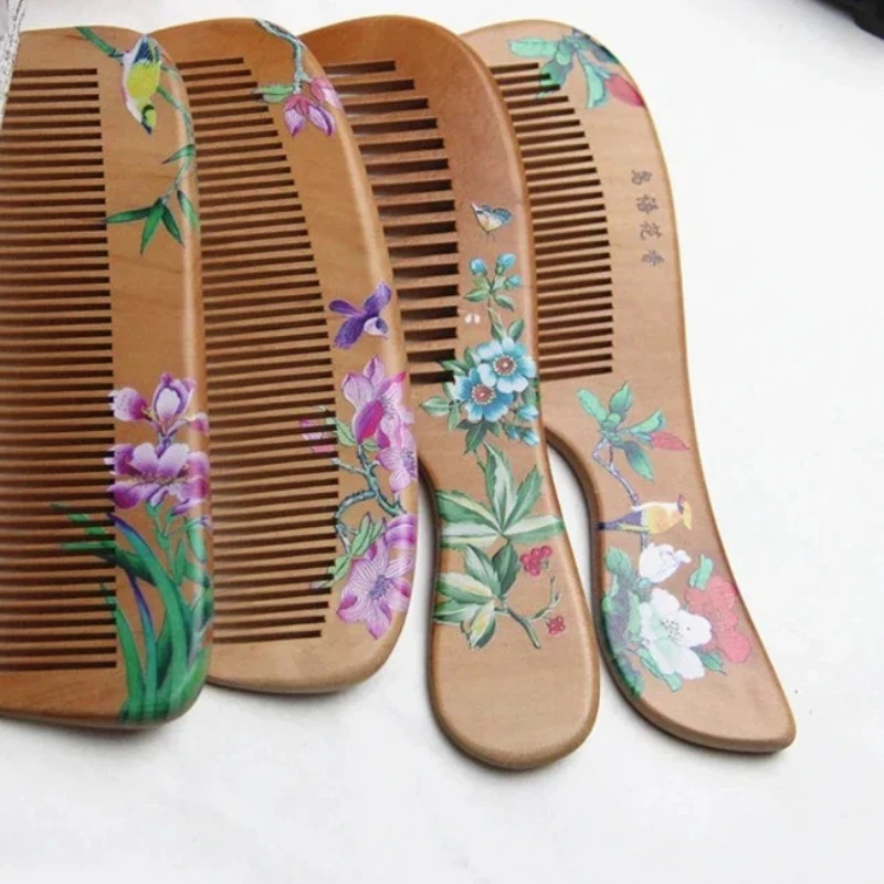 1Pcs Peach Wood Comb Flower Painted Anti-Static Natural Head Massage Comb Handmade Wooden Hair Comb Hair Styling Tools For Gift