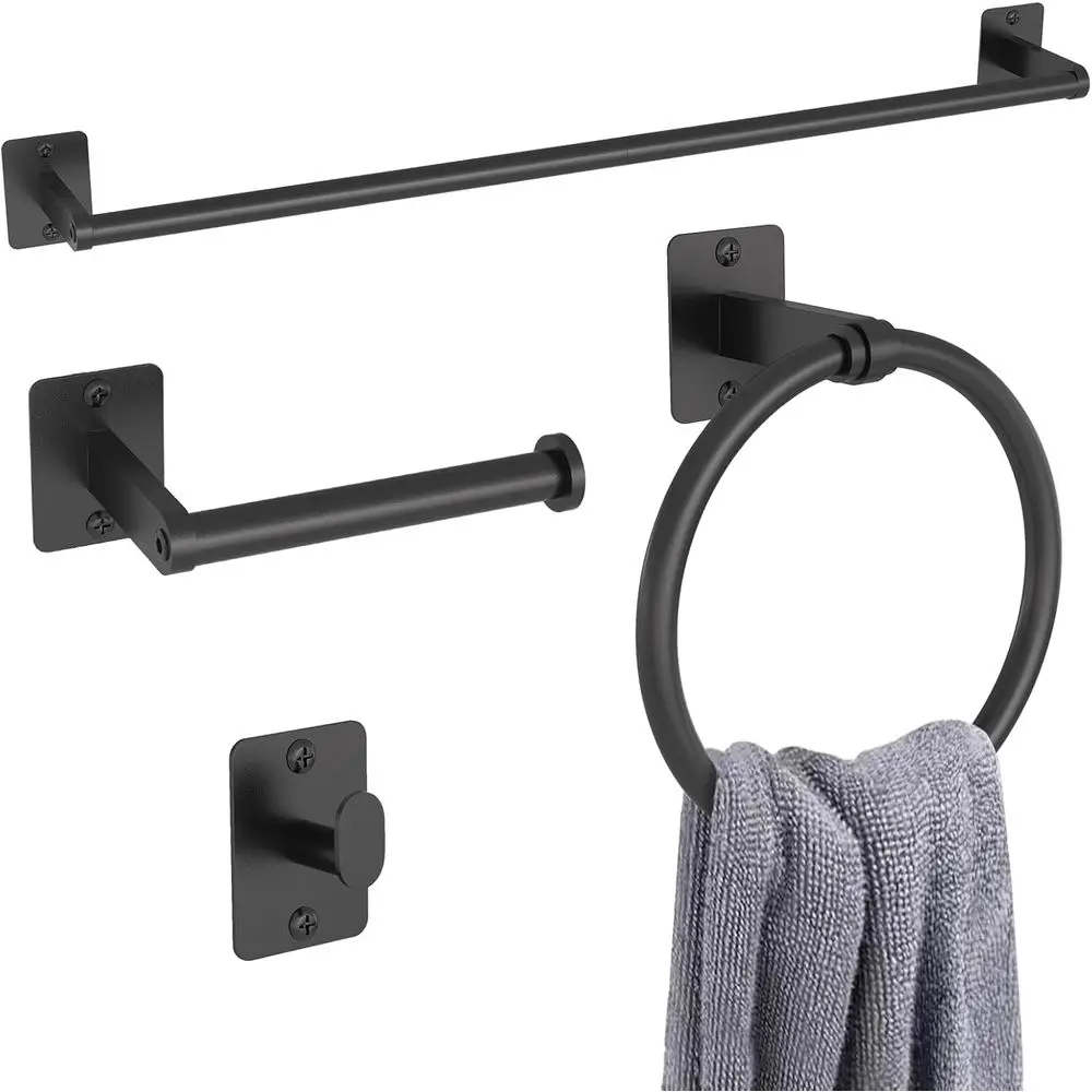 

4-Piece Matte Black Bathroom Hardware Set: 24 Towel Bar, Racks, Hooks, and Toilet Paper Holder