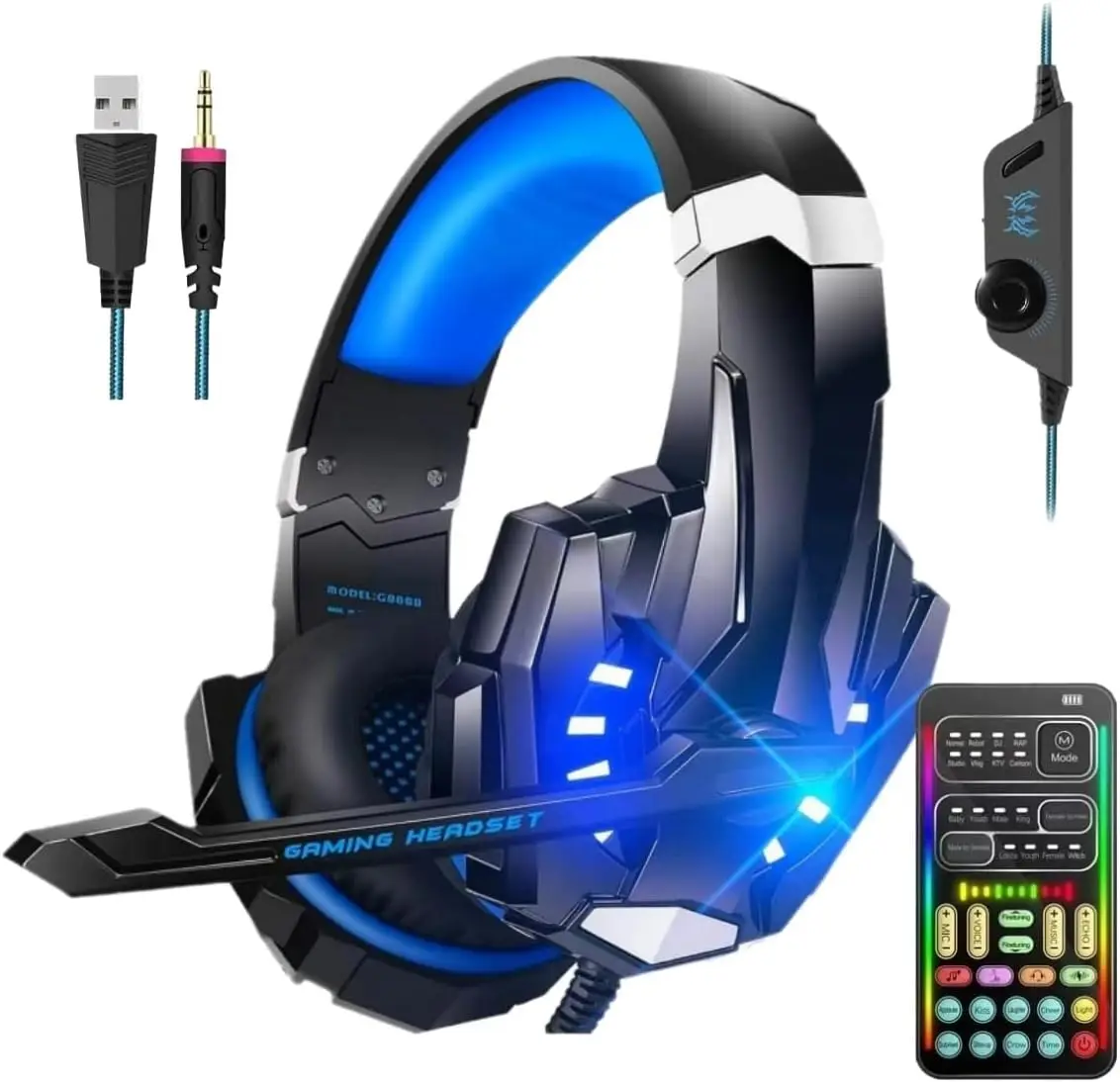Gaming Voice Changer Headset with Mic, LED Over-Ear Headphones for PS4/PS5/Xbox/PC/Phone/Laptops, Blue