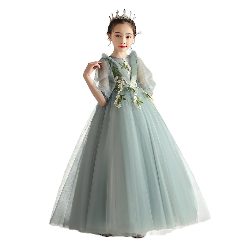 Kids Flower Girls Sage Green Tulle Floor-Length Princess Dress for Birthday Floral Pageant Wedding Party Gown 2-6Y 2023 Summer