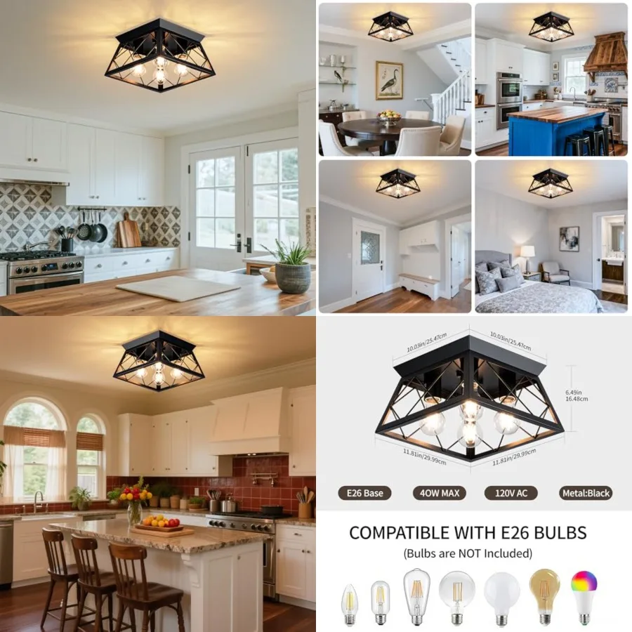 

4-Lights Close to Ceiling Light, Black Industrial Ceiling Light Fixture for Dining Room, Kitchen, Living Room, Hallway, Entry,