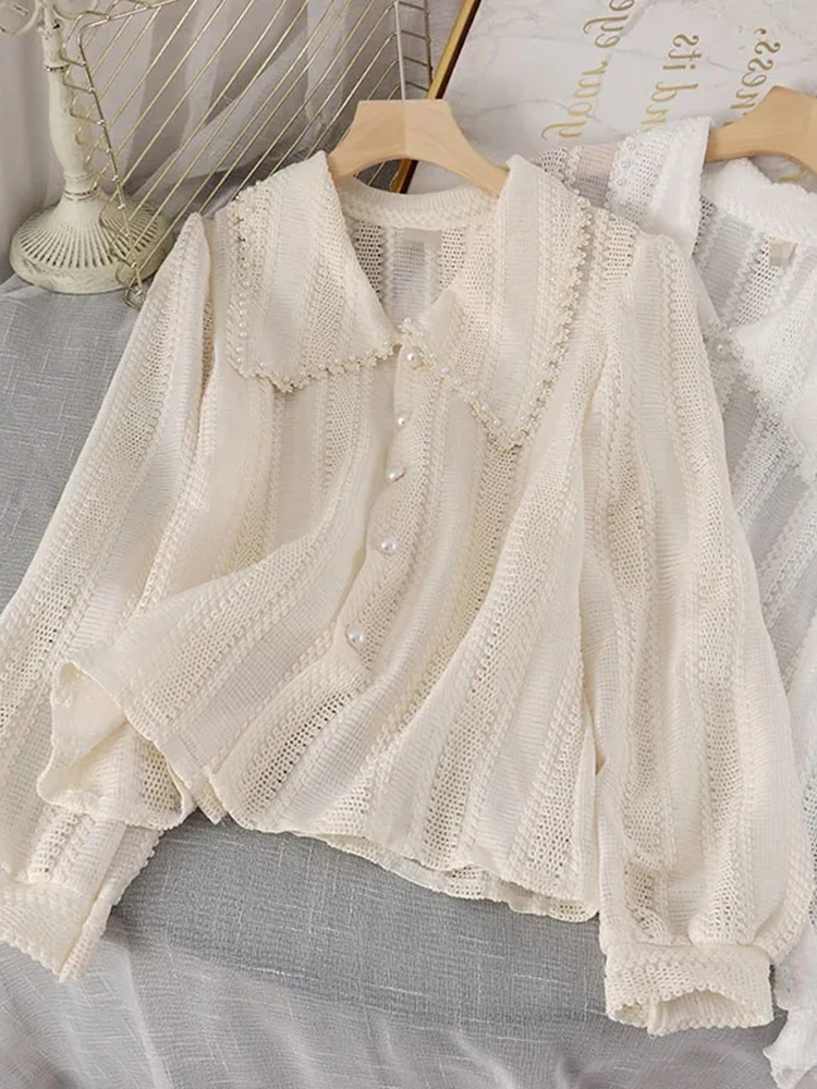 Fashion Hollow Out Peter Pan Collar Blouses Women Spring Elegant Single-breasted Pearl Button Decoration Tops Korean Thin Shirt