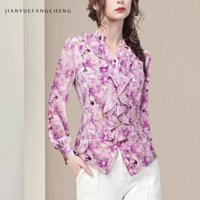 

Elegant Floral Printed Women' Chiffon Blouse Long Sleeve V neck Ruffles Spring Summer Casual Tops Slim Button-down Shirts