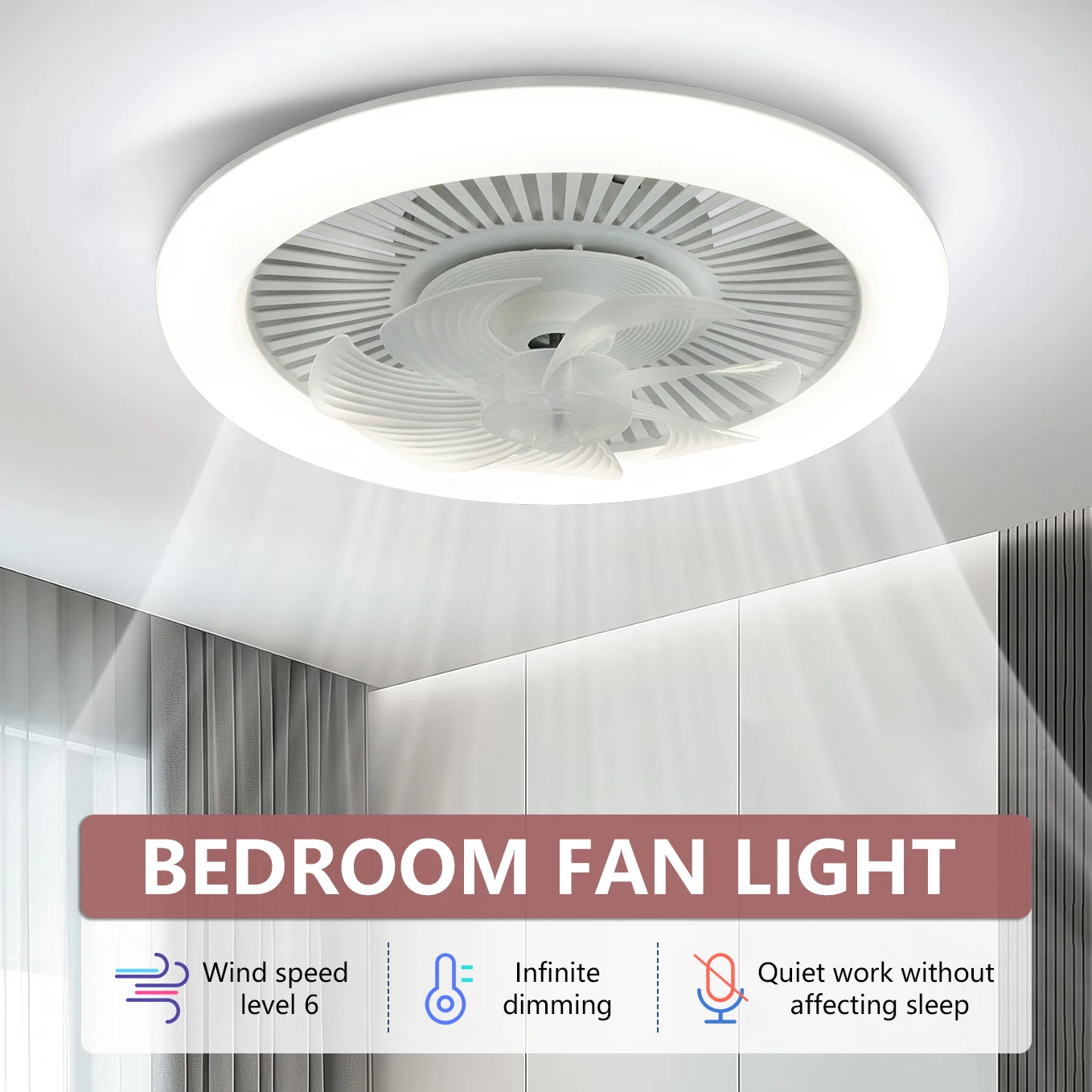 

Потолочный вентилятор-люстра 48 см, тонкий бесшумный потолочный вентилятор с пультом ДУ, бесступенчатое затемнение, 6-скоростная регулировка, для спальни и гостиной