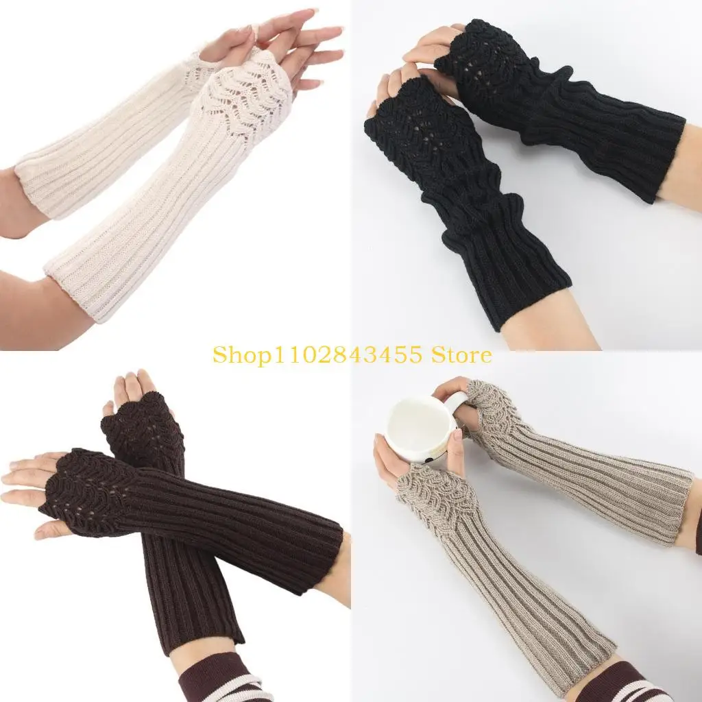 

49MC Half Finger Gloves for Typing Winter Knit Gloves with Thumb Holes Unisex Half Finger Mittens Stretchy Warm Long Gloves