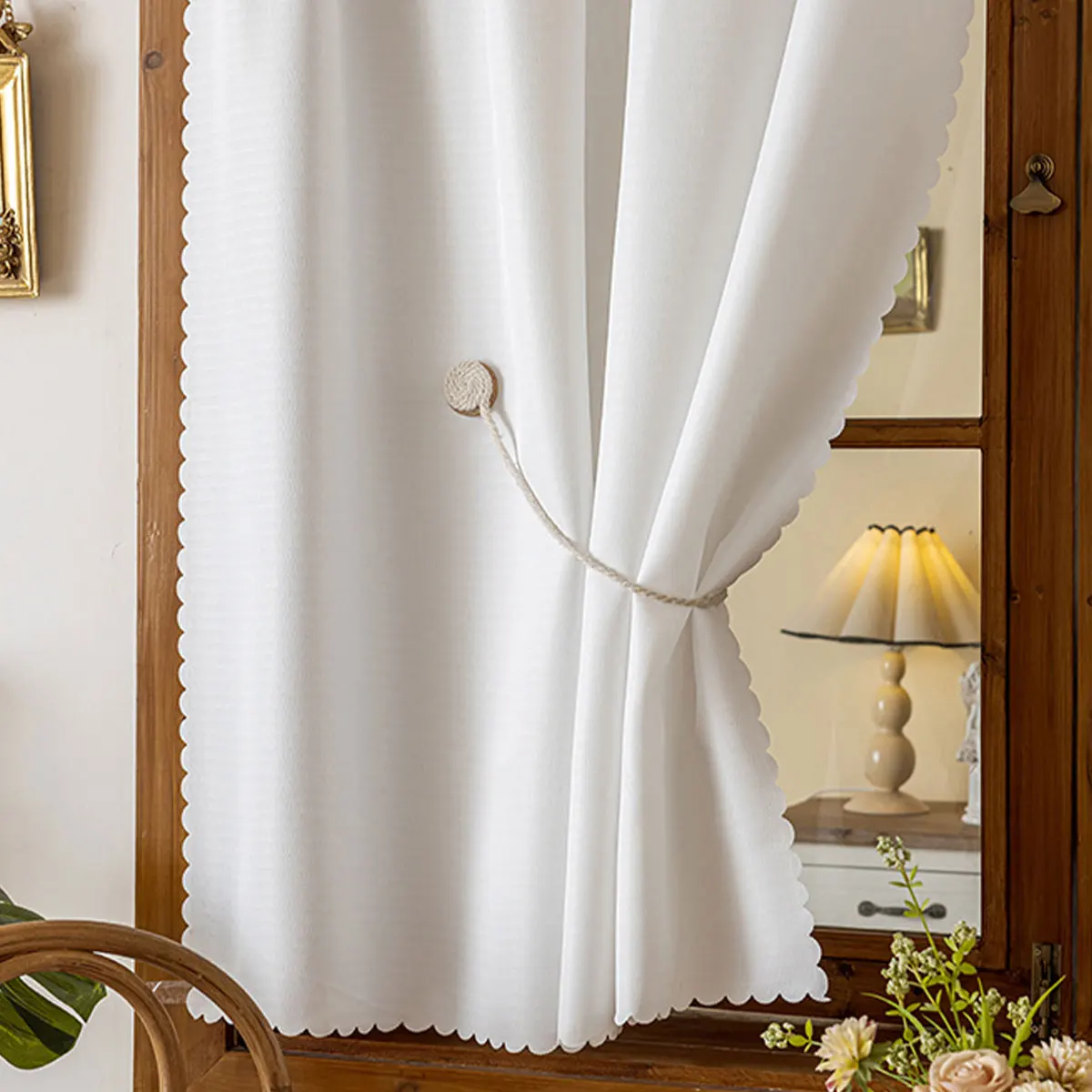 2 Pack White Hook Top Sheer Curtains, Light Transparent Voile Drapes with Scalloped Edge, Light Filter Window Sheer for Kitchen