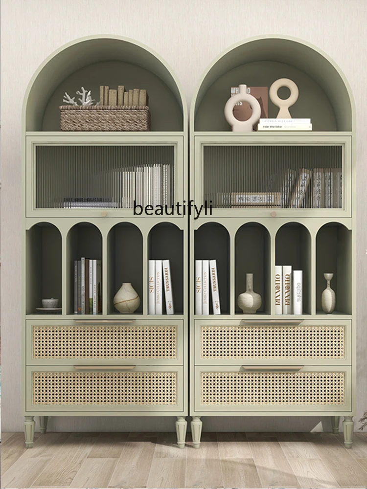 

zq Solid Wood Bookcase Light Luxury Children's Floor Nordic Storage Cabinet French Rattan Arch Decorative Wine Cabinet