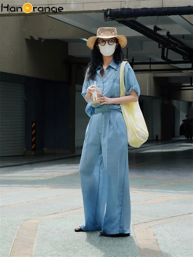 HanOrange 2023 Retro Cool Sky Silk Ramie Wide Leg Pants Loose Drop Sun Protection Trousers Female Black/Light Blue