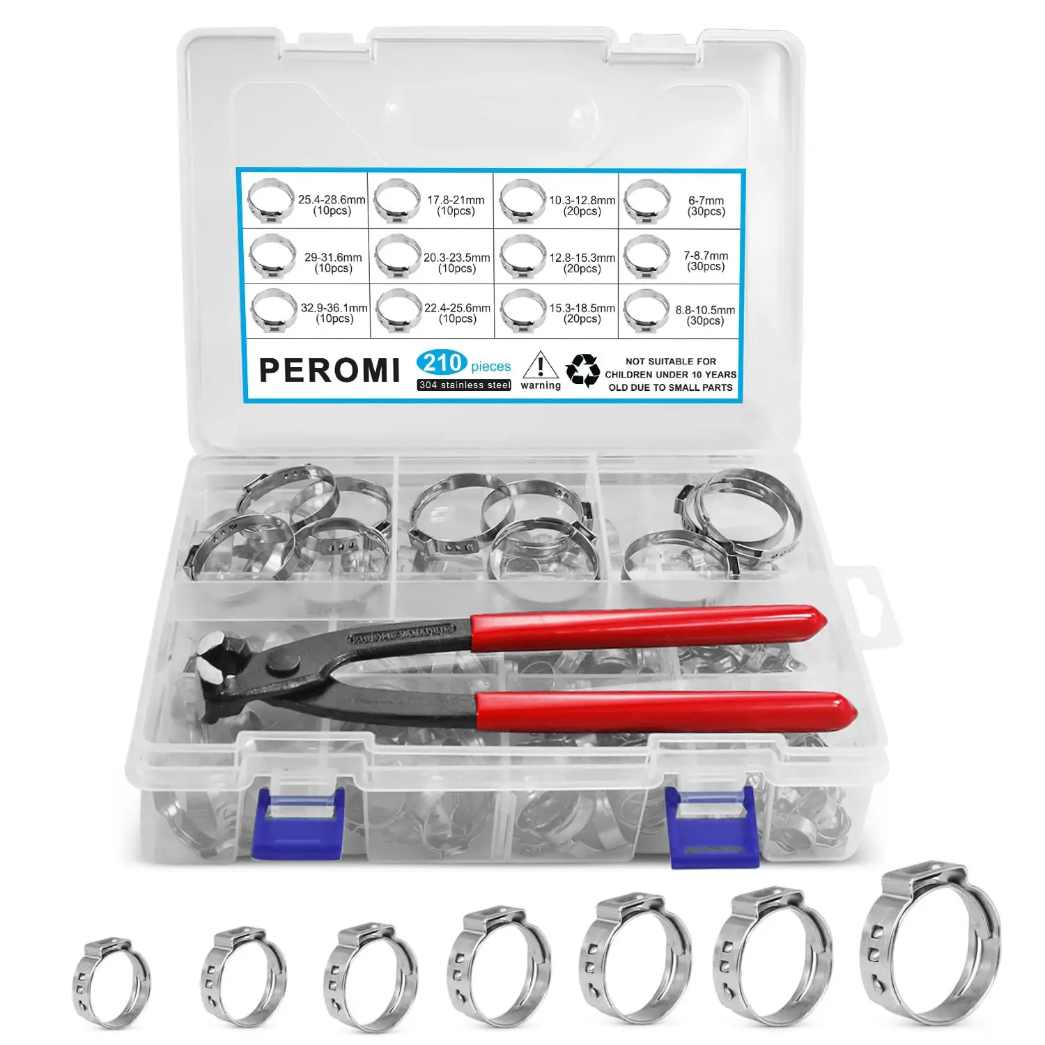 210pcs Single Ear Hose Clamp with Pliers Tool 6-36.1mm 304 Stianless Steel Cinch Clamp Rings Assortment Kit for Tube Connections