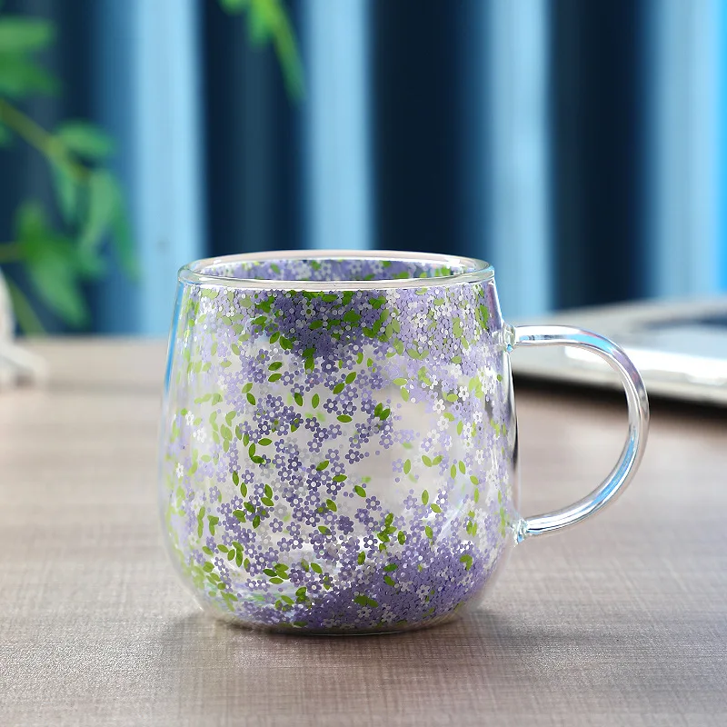 Double Wall Glass Cup with Pink Purple Blue Floral Glitters Lovely Heat Insulation Coffee Milk Shake Juice Glass Tumbler 1 Piece