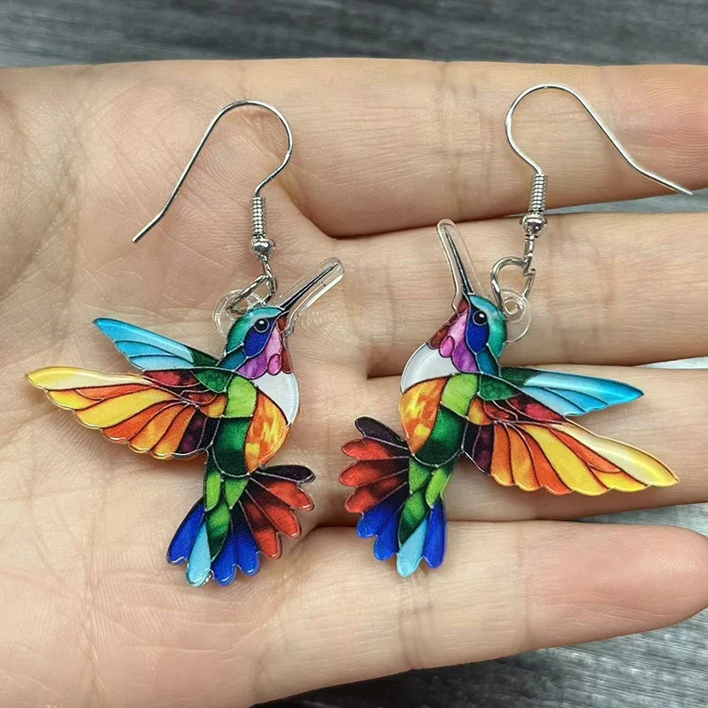 YAOLOGE Exaggerated Colorful Splicing Animal Bird Earrings Women Acrylic Material Novel Trendy Hummingbird Eardrop Party Gifts