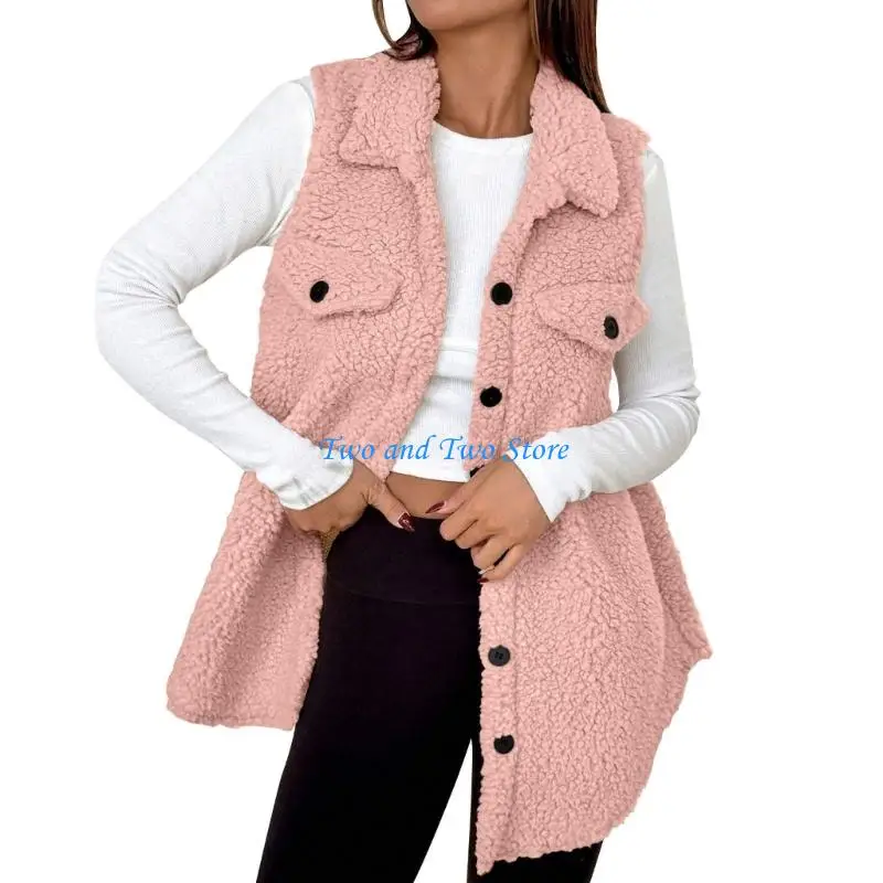 HX6F Women's Casual Sherpa Fleece Vest Casual Cozy Sleeveless Cardigan Button Down Warm Waistcoat Outerwear with Pockets