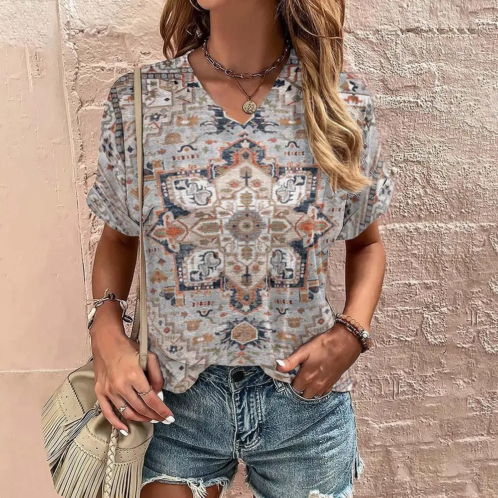 Vintage Bohemian Geometric Print T-shirts For Women\'s Plus Size Female Shirt Crop Top Summer Women Clothing Fashion Oversized