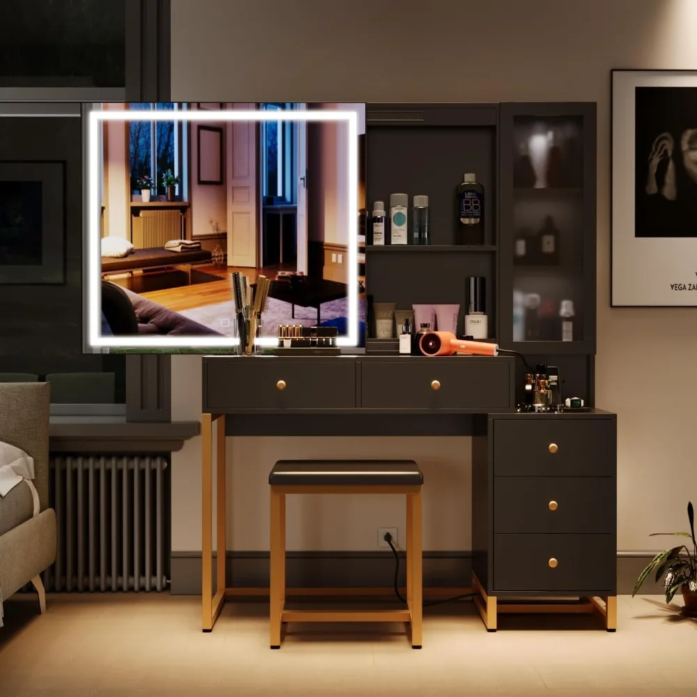 

Vanity Set with Lighted Mirror and Charging Station, Extra Large Mirror Makeup Vanity Table with Cushioned Stool,5 Drawers,