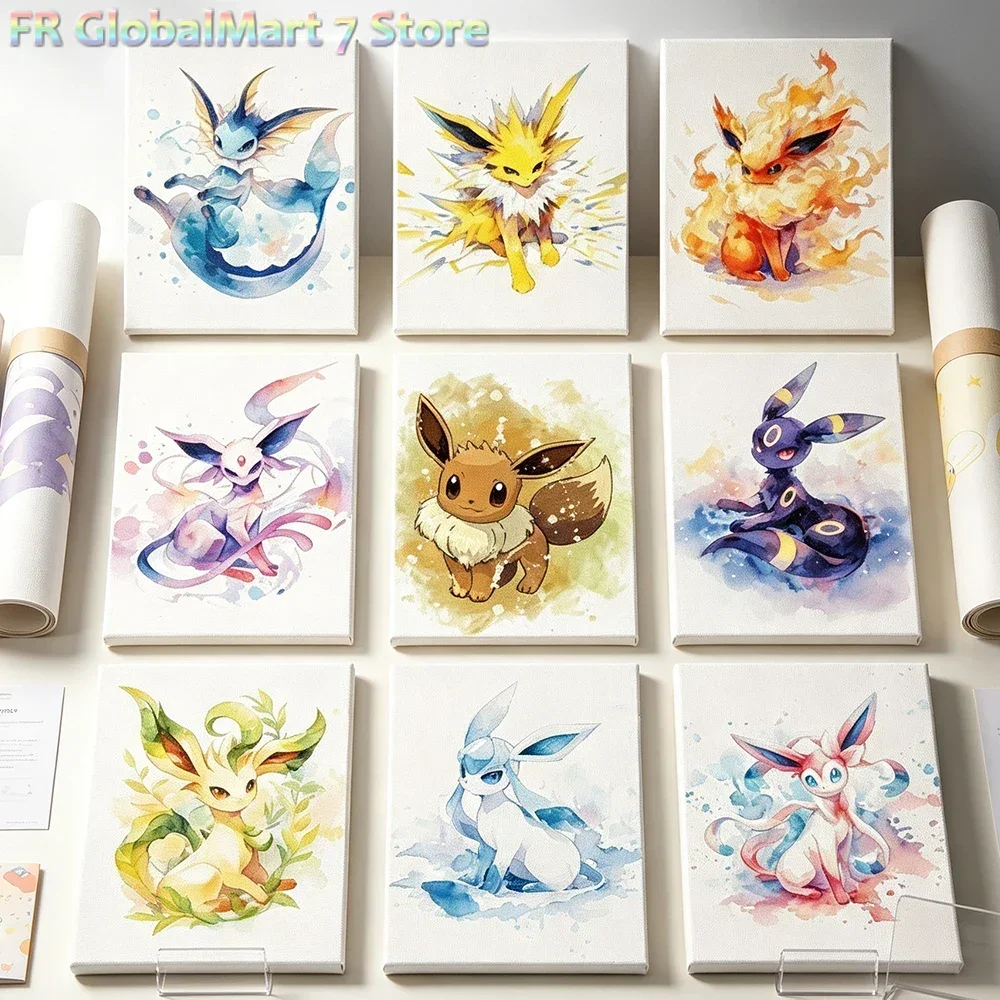 Kawaii Eevee Evolution Watercolor Canvas Wall Art Aesthetic Anime Pokemon Poster Colorful Cartoon for Bedroom Decor Cuadros G