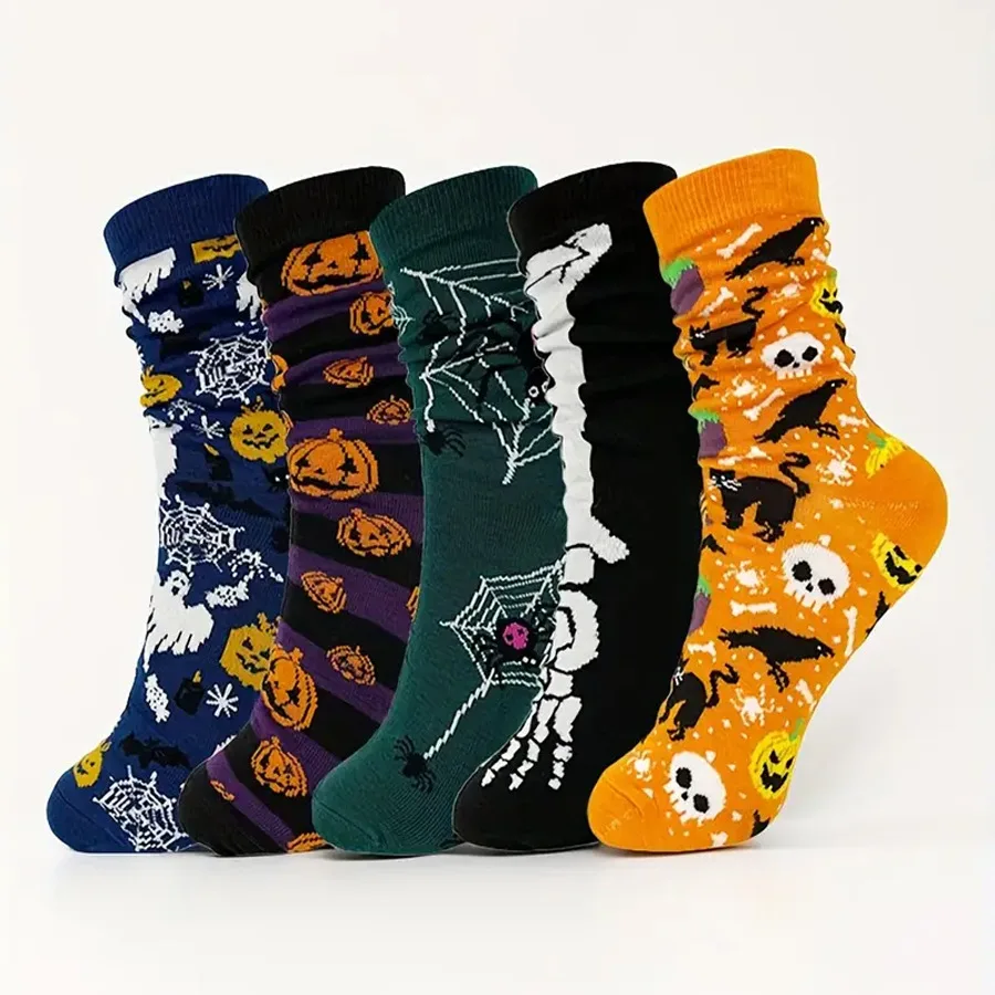 

5 Pairs Halloween Skeleton Pumpkin Cartoon Casual Socks for Men and Women Mid-Calf Socks Fall and Winter Socks with Print 2025