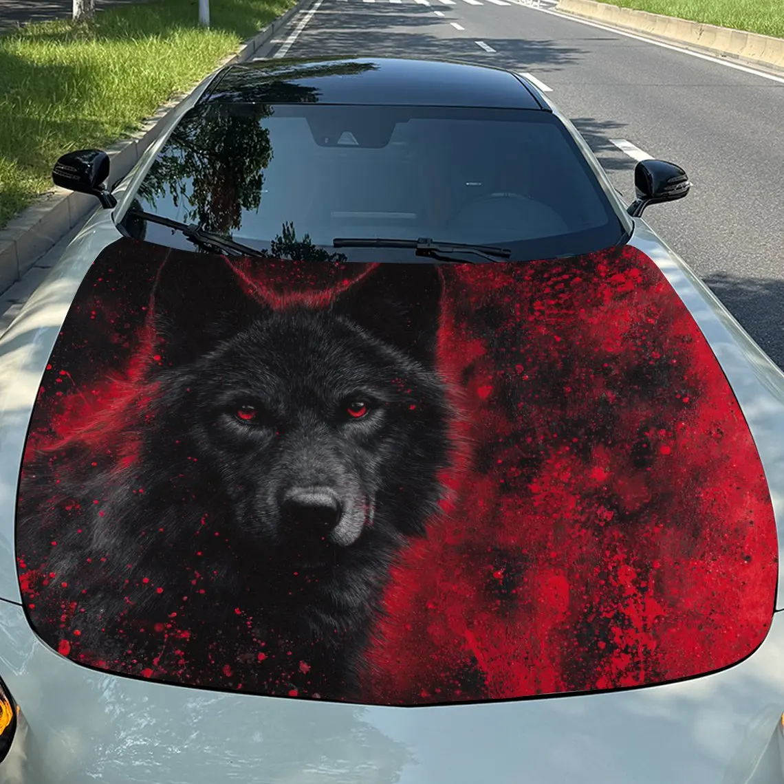 

Red Eyes Wolf Car Hood PVC Sticker, Durable Vinyl Wrap Film Suitable For Most Vehicles, Car Hood Protective Film Gift