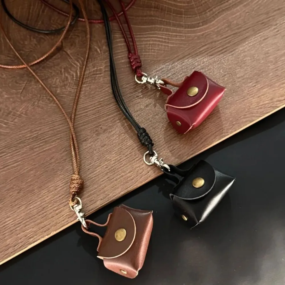Mini and Compact Leather Hanging Neck Coin Purse Necklace Niche Design Headphone Bag Long Sweater Chain Accessory Women Men