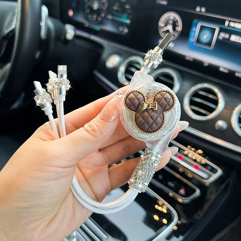 كابل شحن USB سريع للبيانات قابل للسحب من كارتون ميكي 3 في 1 لهاتف آيفون وأندرويد وشاومي وهواوي وسامسونج