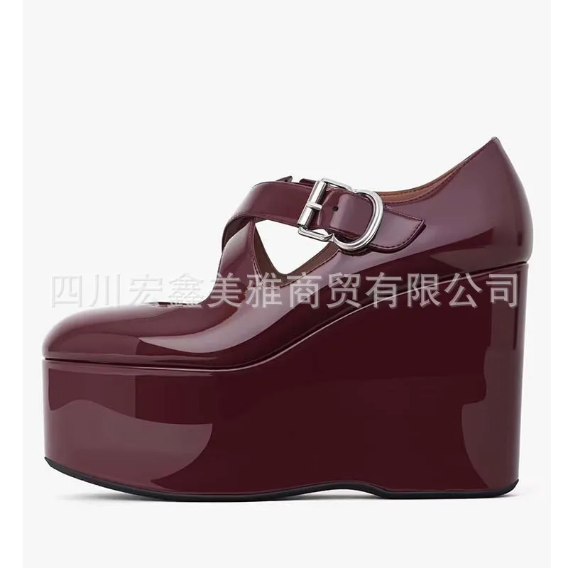 

Cross-Strap Platform Wedge-Heeled Pumps Round-Toe Buckle Patent Leather Shoes Comfortable Sexy Thick-Soled Women's Shoes