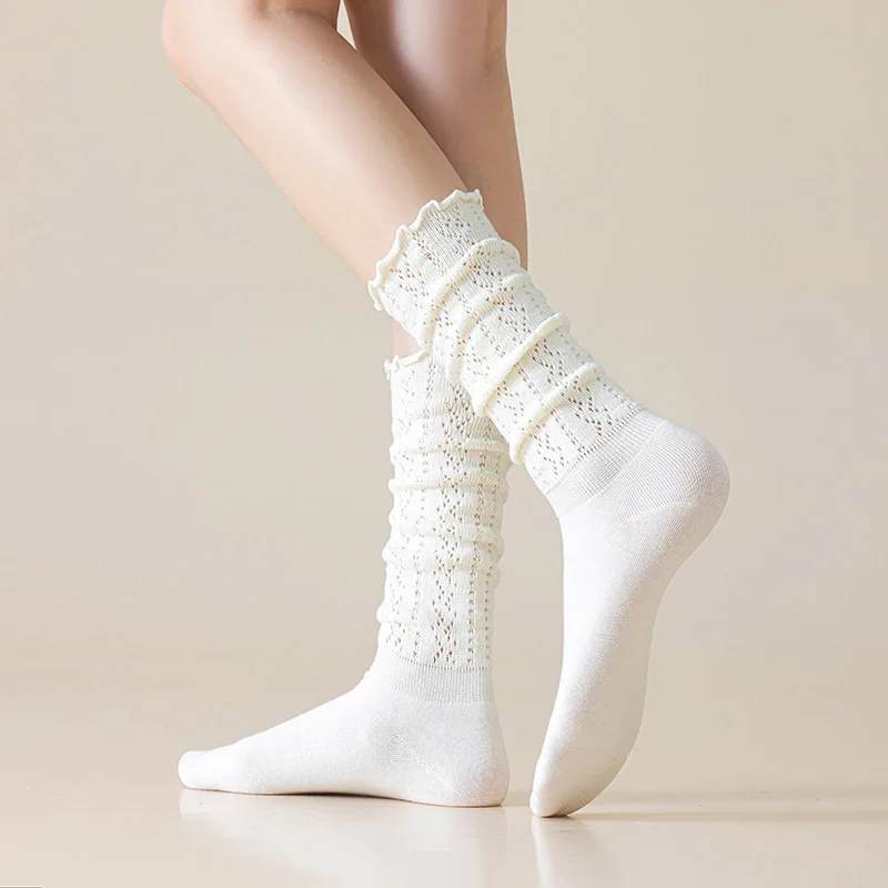 

Women's White Ruffled Lace Trim Crew Socks, Spring Cotton Spandex Knitted Hollow Out Socks, Soft Comfortable Warm Daily Wear Socks, Breathable Casual Frilly Cuff Socks for Girls