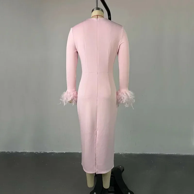 New Arrival Women Sexy High Waisted Long Sleeve Feather Trim Split Bandage Dress OL 2025 Elegant Evening Club Party Dresses