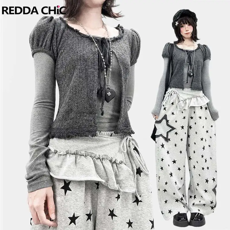 REDDACHiC Puff Sleeve Cardigan Top Two-piece Set Women Korean Gray Bandage Layering Slim T-shirt Cardigan Grunge Fall Clothes