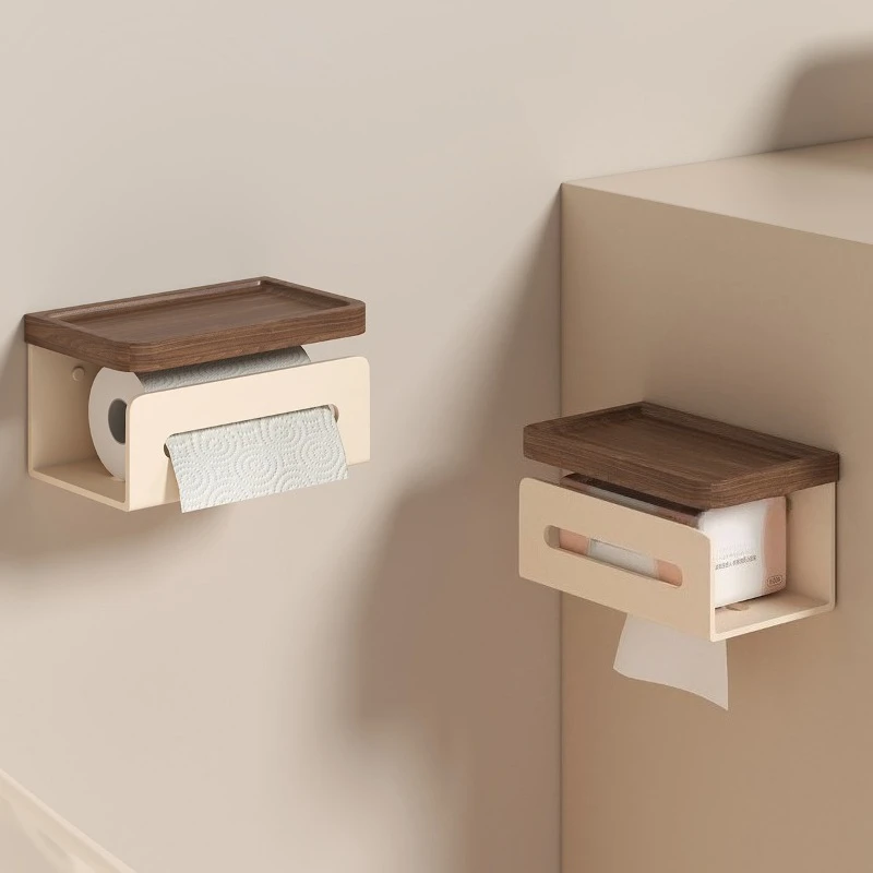 Walnut Grain No Drill Tissue Holder Maillard Style Milky White Toilet Paper Organizer For Facial Towel Washroom Storage Rack