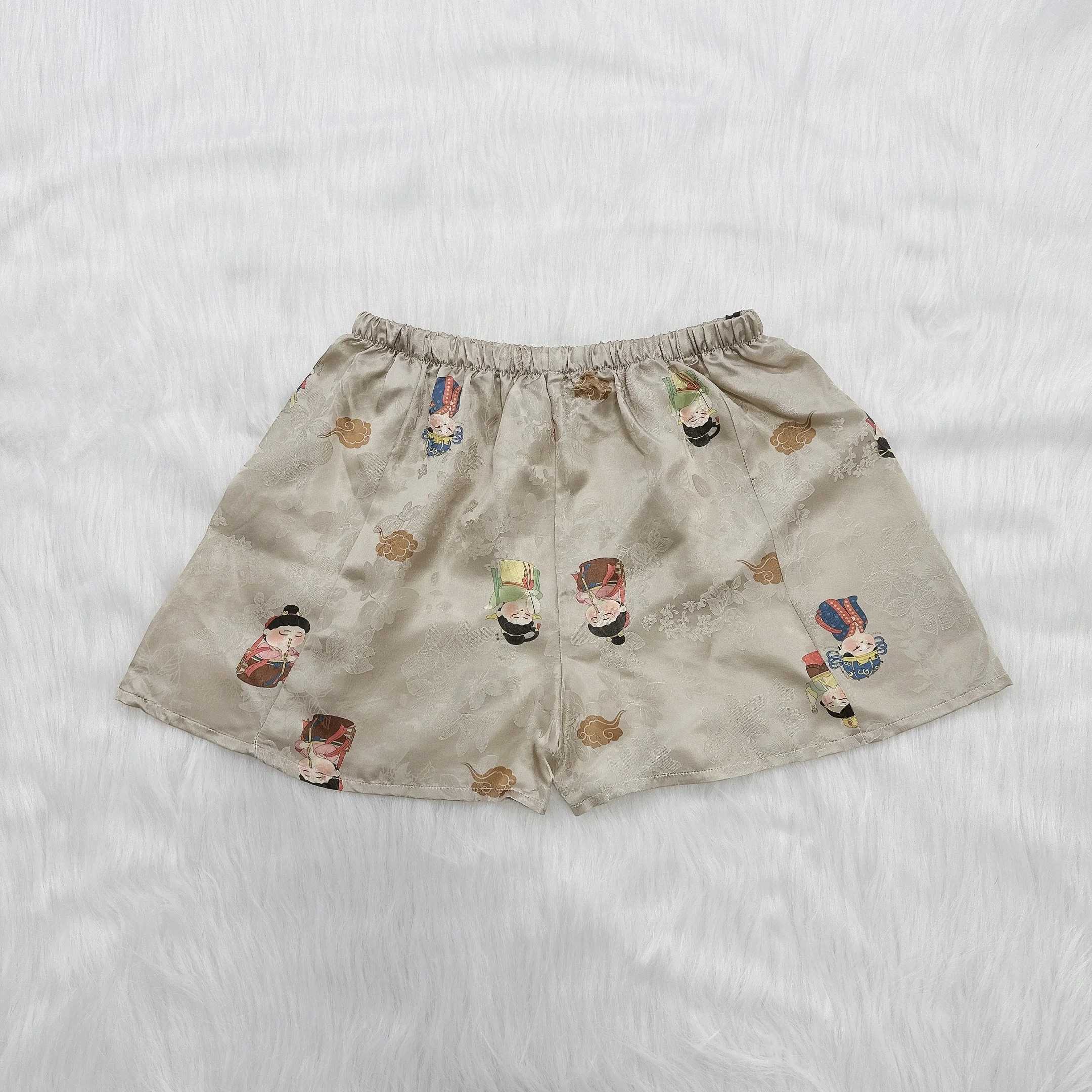 (Splicing Style) Women's Casual Summer New 100% Natural Mulberry Silk HuaLuo Little Tang Dynasty Printed Casual Home Shorts