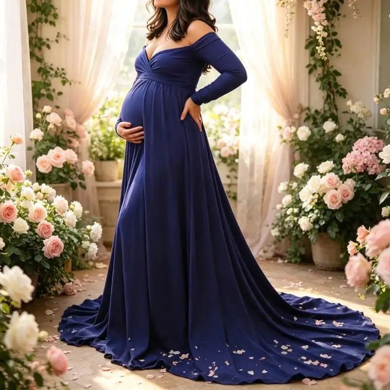 corb-vestido-premama-para-fotos-con-cuello-en-v-manga-larga-y-drapeado-completo