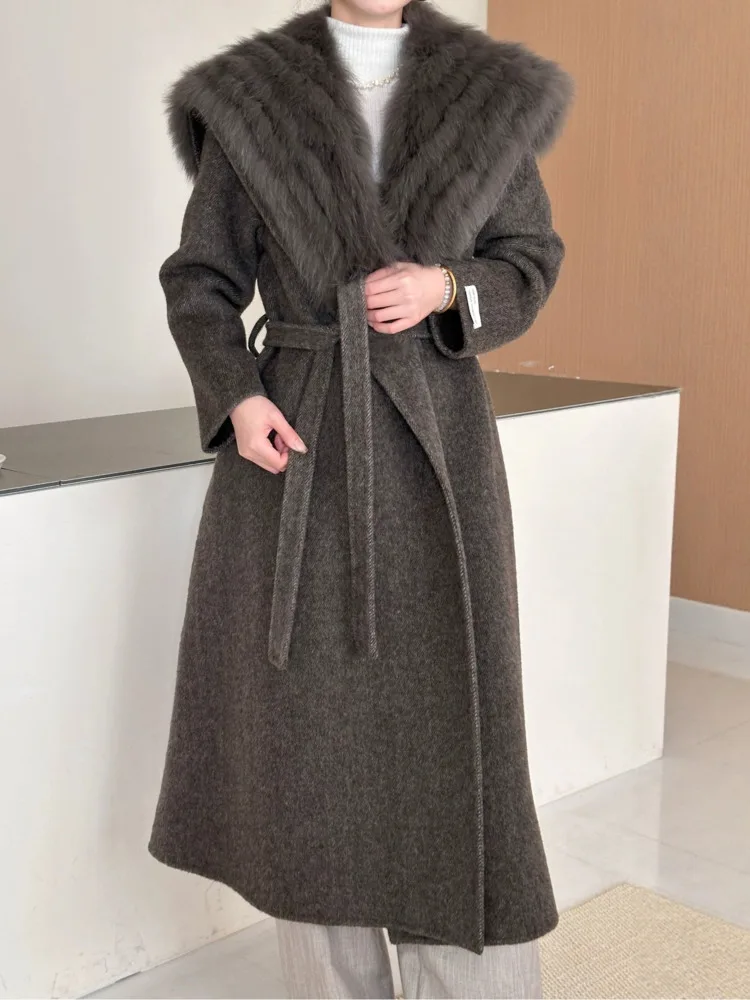 ONEXWEN Women Fluffy Fur Shawl Collar Double Sided Wool Long Coat Belted Waist Mid Winter Elegant Casual Woolen Overcoat RU23