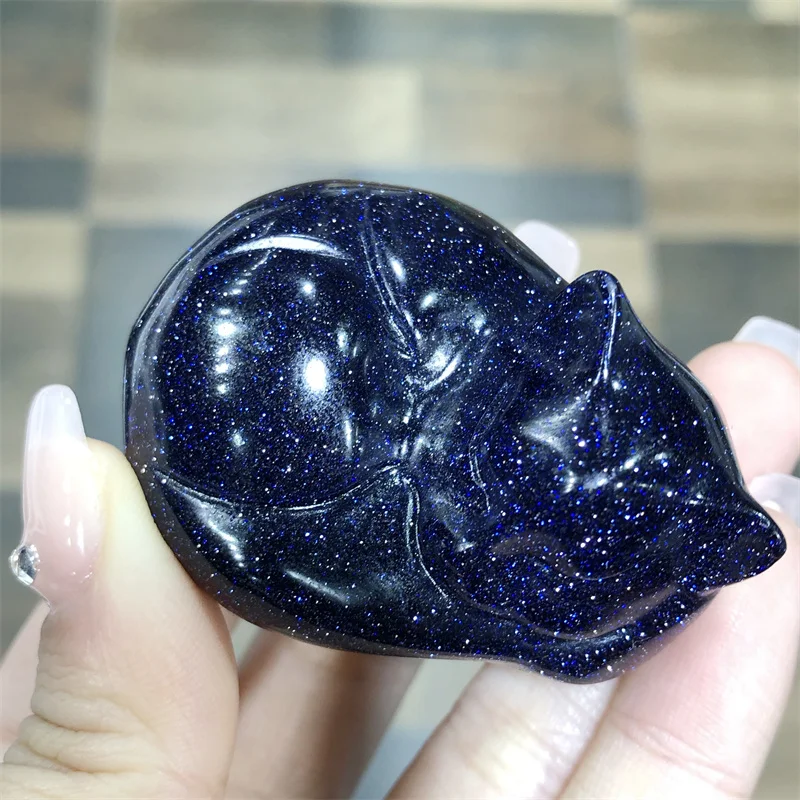 Natural Blue Goldsand Stone Sleeping Cat Carving Figurine Healing Reiki Gemstone Crystal Crafts For Decor Or Children Gift 1pcs